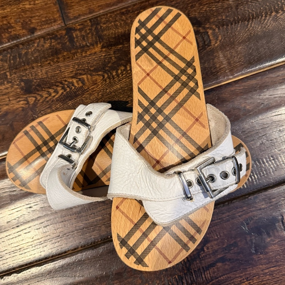 Burberry Dr. Scholls Nova check white leather wood vintage clog sandals 8 8.5
